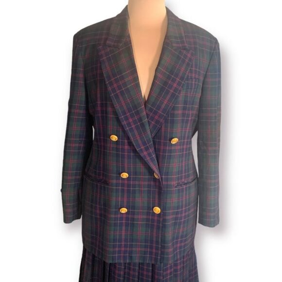 Vintage JHCollectibles Skirt Suit Double Breasted Blazer Wool Green Red Plaid - Picture 2 of 16
